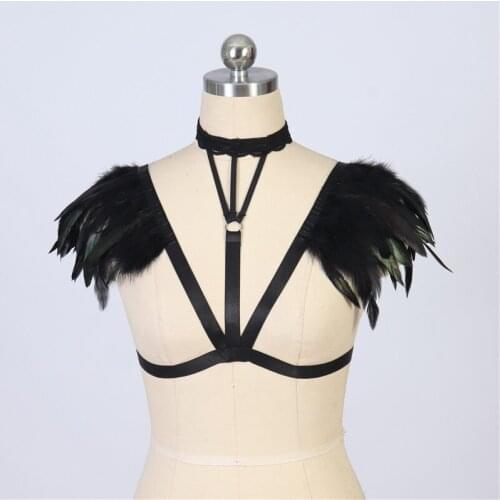 Feathers Cage Harness Lingerie Epaulettes Shoulder Festival Tops Angel Wings Bondage Harness Sexy Gothic Body Cage Bra