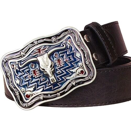 Fashion Mens leather belt cow head metal buckle belts Western cowboy style Street Dance hip hop waistband novel belt