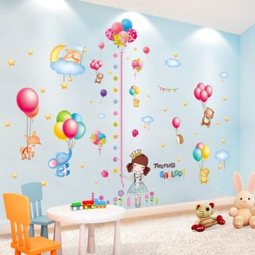 [shijuekongjian] Height Measure Girl Wall Stickers DIY Animals Balloons Wall Decals for Kids Rooms Baby Bedroom House Decoration