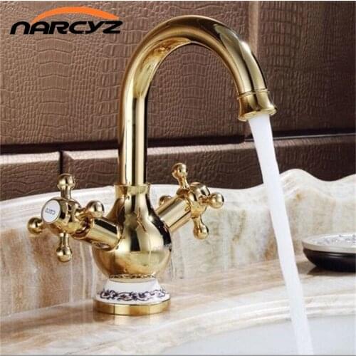 Soild Brass Faucets Golden Finish With Blue and White Porcelain Double Handles Basin Crane Mixer Tap XT820