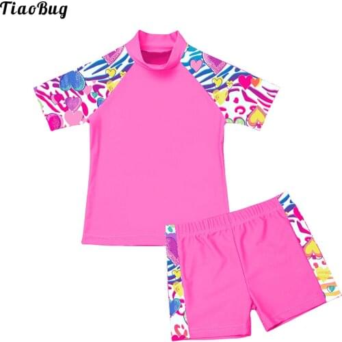 TiaoBug Summer 2Pcs Kids Girls Tankini Floral Printed Swimsuit Swimwear Short Sleeve Tops With Bottoms Bathing Suit Bikini