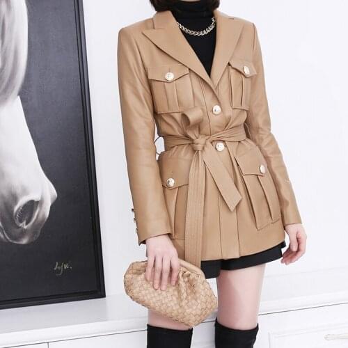 100% Real Sheepskin Coat Women Genuine Leather Jacket With Belt Spring Autumn Female Outerwear Clothing