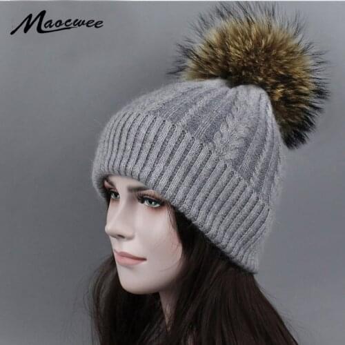 Women Real Fur Pom Pom Hat Female Autumn Winter Rabbit Knitted Beanies Fur Cap Girls Cashmere Natural Raccoon Fur Pompom Hat new