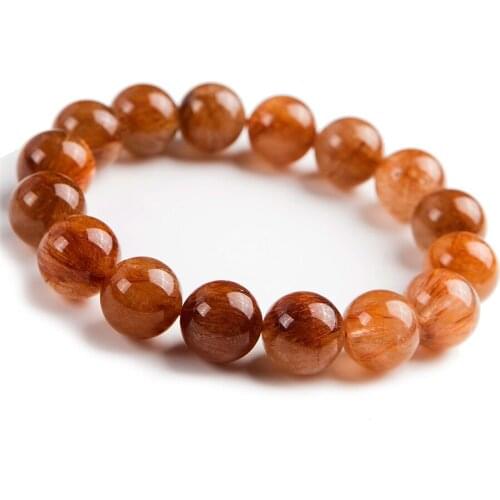 Genuine Natural Copper Hair Rutilated Quartz Crystal Women Lady Charm Round Bead Bracelet 14mm