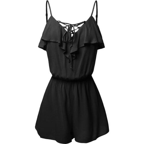 38# Women Romper Sexy Off Shoulder Ruffle Playsuits Large Size Casual Sleeveless Overlap Front Frill Detail Jumpsuit Overall