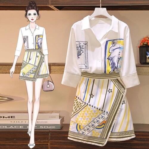Summer High-end New Women 2 Pieces Sets Shirt Top +Skirt Suit Printing blouse Irregular Patchwork Skirt Outfits Female Plus Size