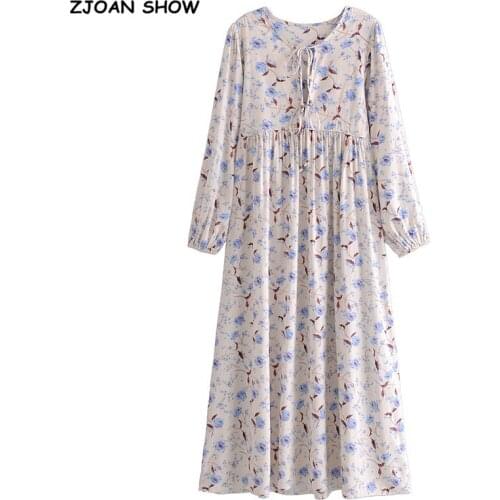2021 Spring Bohemia Bandage Lacing up Collar Flower Print Dress BOHO Woman Long Sleeve Midi Long Holiday Dresses Beach