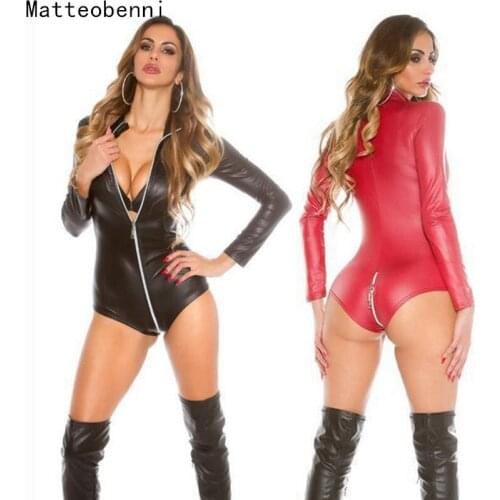Sexy Wetlook Lingerie Women Faux Leather Lingerie Bodysuits Latex PVC Catsuit Fetish Costumes Ladies Erotic Open Crotch Clubwear