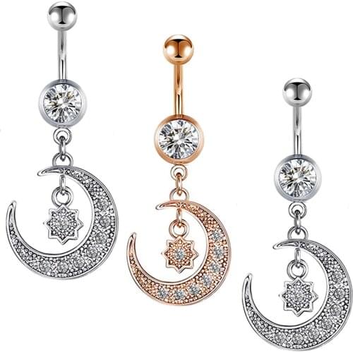 14G Belly Button Rings Stainless Steel Belly Rings Navel Rings Barbell Body Piercing Jewelry for Women Moon Star Dangle Pandent