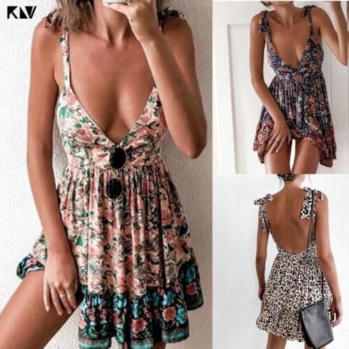 KLV 2020 Women Boho Mini Dress Summer Backless Skater Sweet Short Sexy Strap V Neck High Waist Party Beach Dresses Sundress