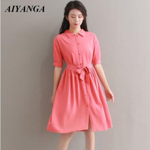 New 2019 Summer Dress Women Short Sleeve Medium Dress With Sashes Elegant Ladies Sweet Pink Dresses Womens clothing