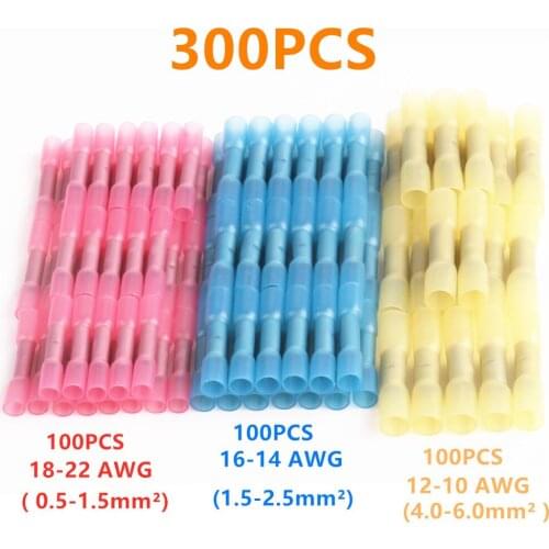 300PCS Waterproof Insulated Heat Shrink Wire Connector Crimp Terminal Electrical Butt Splice Terminals 22-18/16-14/12-10AWG