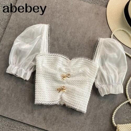 Women Bohemian Solid Blouse Korean Style Sweet Square Collar Slim Short Tops Elastic Ruched Streetwear Blouses