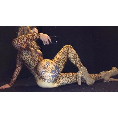 Sexy Skinny Stretch Leopard Bodysuit Female Singer Nightclub Bar Performance Outfit Costume Leopard Print Jumpsuit DJ Stage Wear