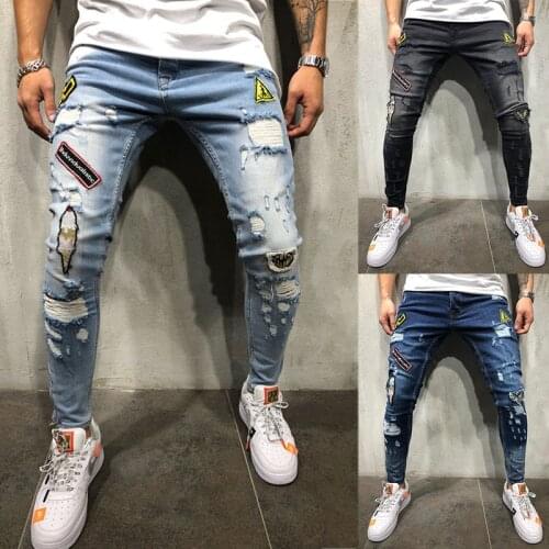 Fashion New Male hole badge embroidery denim trousers pants Mens streetwear hiphop skinny Casual Patch Jeans