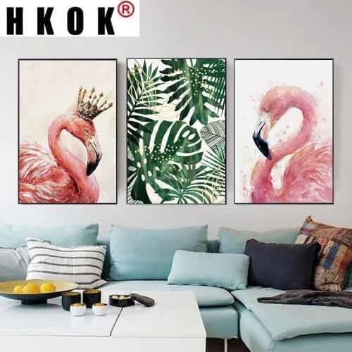 HKOK Canvas Painting Modern Minimalistic Animal Flamingo With Leaves Wall Art Abstract Print Picture Poster Office Home Decor