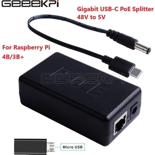 GeeekPi Gigabit Raspberry Pi 4 B / 3B+ Active PoE Splitter USB TYPE C 48V to 5V Power Over Ethernet cable PoE Switch