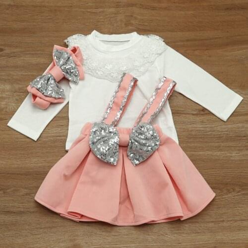 New Fashion Newborn Clothes Set Casual Toddler Kids Girls Lace Tops Sequin Strap Skirt Headband Outfits Set Clothes