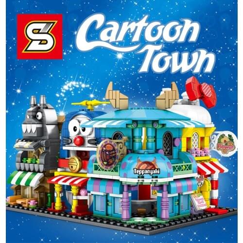City Mini Street View Architecture Model Building Blocks Cartoon cat Cake coffee Shop Flower store Assemble Bricks Child toys