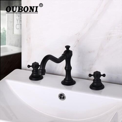 OUBONI Matte Black Bathtub Faucet Solid Brass 3 Pcs Dual Handles Swivel Spout Bathroom Basin Sink Faucet Mixer Tap 2 Handles
