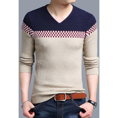 2018 Brand New Sweaters Men Fashion Style Autumn Patchwork Plaid Knitted Pullover Sweater V-Neck Slim Jumpers