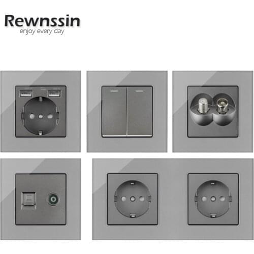 Usb Wall Socket Gary Crystal Glass 1 2 3 4 Gang Light Switch EU French Double Socket RJ45 TV Plug HDMI USB DATA Wall Plug