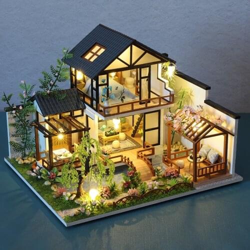 Newest Japanese Style Wooden Doll House Kit Miniature with Furniture Casa Dollhouse Toys for Children Adults Xmas Gifts Cottage