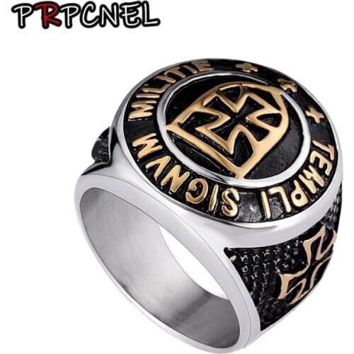 New gold color Knights Templar Cross Ring Men 316L Stainless Steel Ordre Temple Ancient Zircon Glory Rings Fashion Mens Jewelry