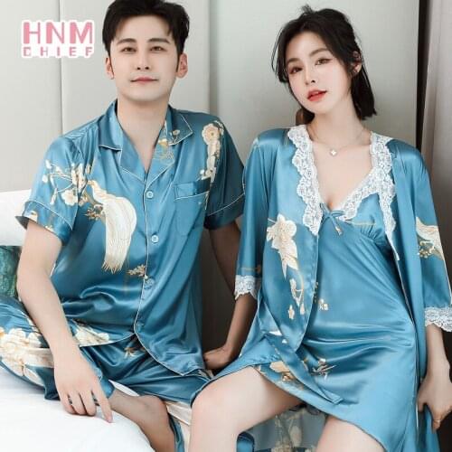 HNMCHIEF New pyjama Couple Sleepwear Silk Satin Pajamas Set Short Pijama Women Men Loungewear Pj Suit Family Casual Sleepwear