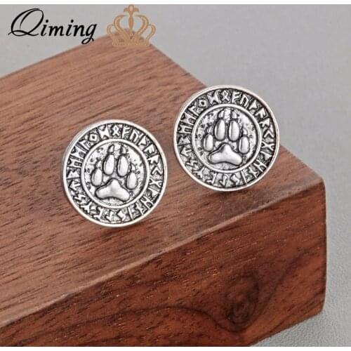 QIMING Antique Cat Dog Paw Earrings Women Ladies Round Slavic Viking Runes Cute Nordic Amulet Birthday Gift Men Stud Earring