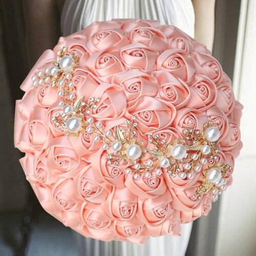 6 colors Pink Wedding Bouquet Gold Diamond Silver Diamond Pearl Decoration Bridal Wedding Bouquet Artificial Ribbon Rose