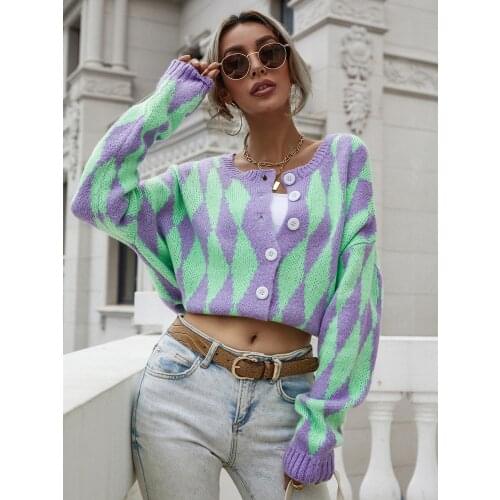 Vintage Knitted Cardigan Sweater Women Patchwork Coat V Neck Long Sleeve Knitwear Casual Loose Outwear Female Tops SS1339