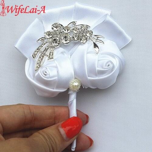 WifeLai-A Pure White Silver Crystal Bouquet Corsage Diamond Rose Flowers for Wedding Bride and Groom Flower Brooch X1103