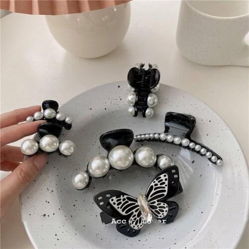 Retro pearl Claws Korean Version of INS Cold Wind Black Pearl Hair clip Temperament Butterfly Duckbill clip commuter Hair Claws