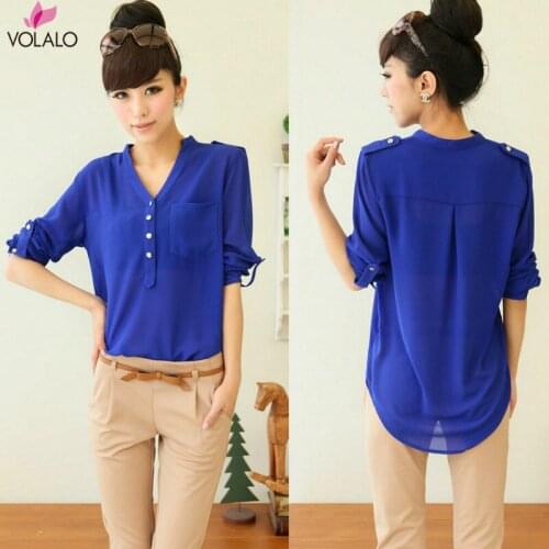 Women Spring Summer Chiffon Blouse Top 2020 V Collar Botton Long Sleeves Loose Shirt Blusa Feminina Plus Size