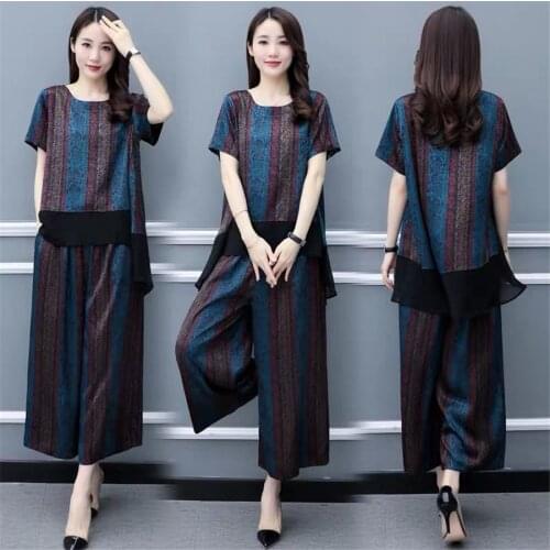 Plus Size Women Sets Summer Big Size wild leg Set Suits Female Lady Tops Shirt Loose Long Pants Casual Print Striped 2021