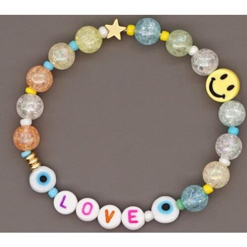 Go2Boho Turkish Evil Eye Smile Face Bracelets LOVE Letter Acrylic Beaded Bracelet For Women Pulseras Star Smiley Charm Jewelry