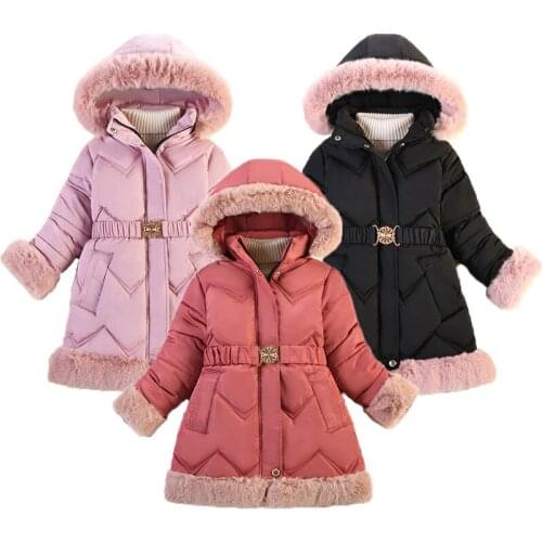 Winter Long Warm Girls Jacket Fur Collar Plus Velvet Belt Decoration Thick Hooded Windbreaker For Kids Christmas gift Clothes