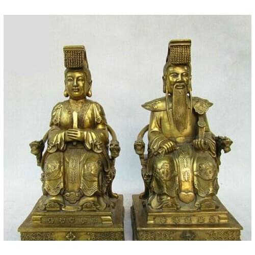 13" Chinese Taosim Bronze Jade Emperor & Queen Mother Dragon Phoenix Statue Pair