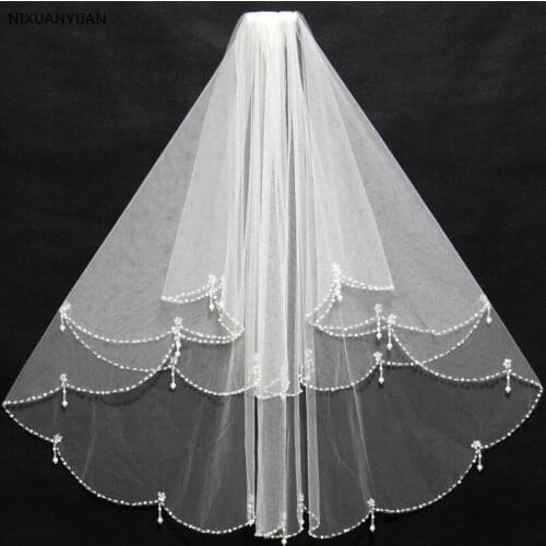 2 Layers Short Beaded Pearl Wedding Veil White Ivory Tulle Women Bridal Veil with Combe Wedding Accessories