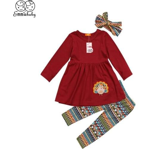 2018 cute Kids Baby Girls Turkey Outfits Clothes sets long sleeve red Dress Tops +floral print Pants+headband 3pcs outfits set