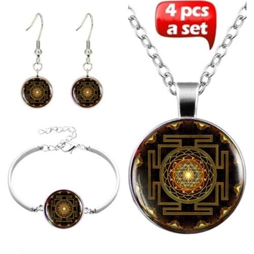 4Pcs/Set Sri yantra buddhist Photo Cabochon Glass Jewelry Set Fashion Necklace Bracelet Earring Jewelry Sets for Women Gifts