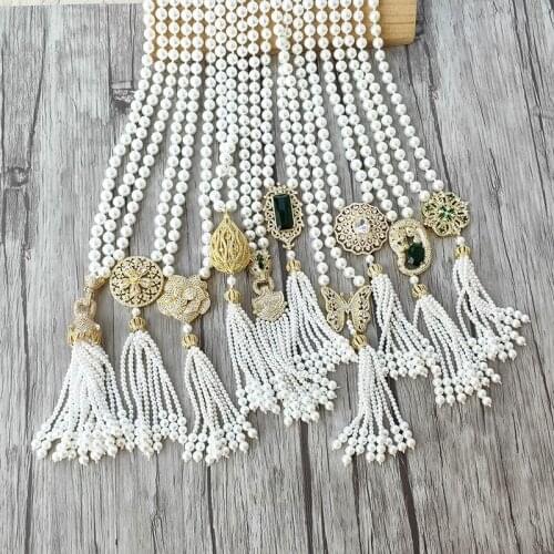 4Pcs Handmade golden charm Pendant zircon CZ Micro pave Connector,Natural Shell Pearl Beads Chain tassels Women Jewelry Necklace