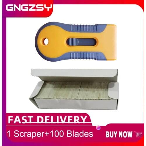 Automobile Window Tint Tool Plastic Retractable Razor Scraper with 100pcs Extra 1.5 inch Carbon Steel Blade glue remove E16+E13