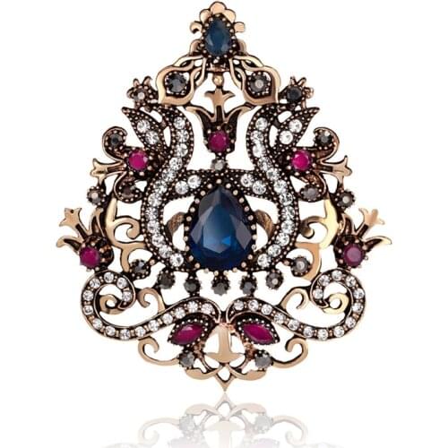 Big Flower Women Gothic Brooches Crown Design Vintage Brooch Pins Collar Resin Gold Color Turkish Indian Jewelry 6.3cm