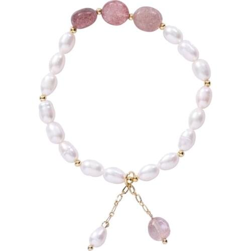 FYJS Unique Light Yellow Gold Color Strawberry Crystal Connect Irregular Shape Pearls Bracelet Fashion Jewelry