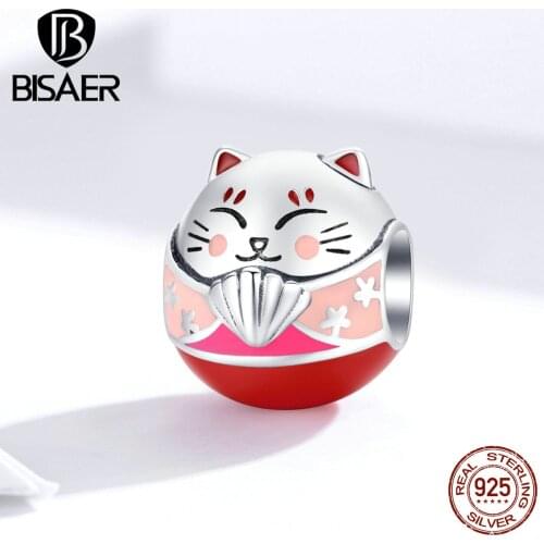 Cat Beads BISAER Hot Sale 925 Sterling Silver Maneki Fortune Neko Lucky Charms fit Beads Bracelets Silver 925 Jewelry ECC1341
