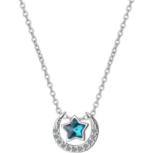 New Fashion Azure Female Sweet 925 Sterling Silver Jewelry Moon And Blue Star Temperament Crystal Pendant Necklaces H346