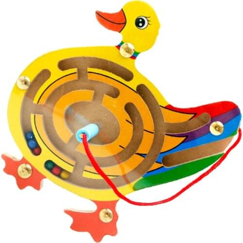 Wooden Puzzles Magnet Beads Slot Maze Board Game Magnetic Pen Labyrinth-Duck
