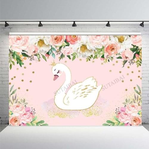 White Swan Photography Backdrop for Birthday Baby Shower Party Decoration Pink Floral Gold Crown Background Photo Booth Props